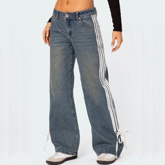 Hnewly  Women Vintage y2k Side Striped Bow Tie Jeans Boyfriend Low Rise Baggy Straight Wide Leg Jeans Casual Loose Fit Denim Pants