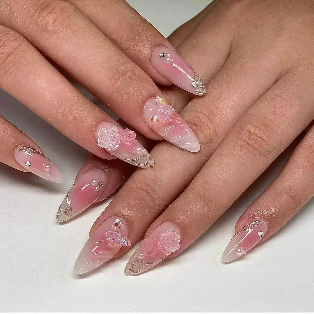 Hnewly 24Pcs Almond False Nails Cute Strawberries with French Design Simple White Wearable Fake Nails Decoration Press on Nail Tips Art