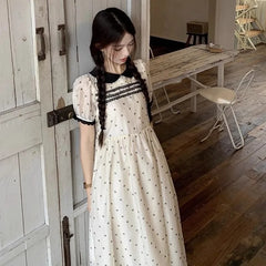 Hnewly  Women Dresses Women Lace Patchwork Peter Pan Collar Polka Dot Puff Short Sleeve Summer Fashion Sweet Elegant Dress