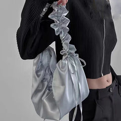 Hnewly  Ins Versatile Casual Tote Pleated Drawstring Design Large Capacity Shoulder Bag Oxford Crossbody Bags For Women