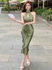 Hnewly  Women Dress Sexy Elegant Hollow Out Sleeveless Slim Split Backless Vintage Temperament Dresses Summer Fashion Female
