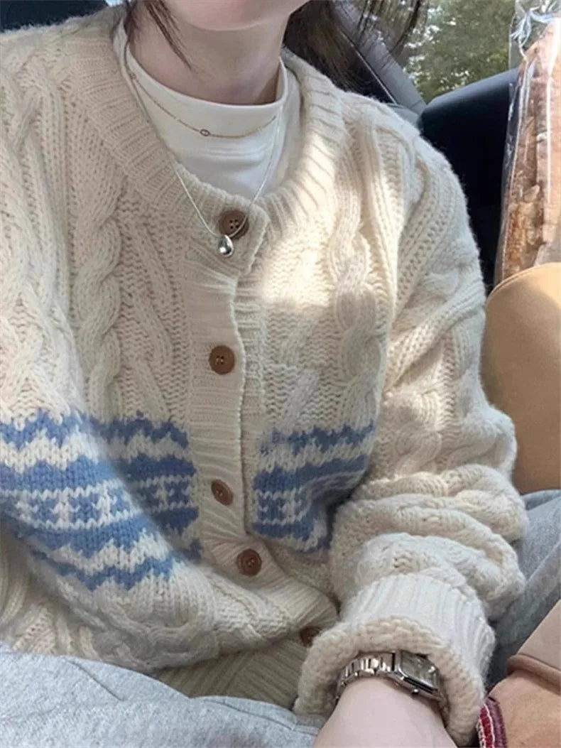 Hnewly  Fair Isle Cardigan for Women Comfy Cable Knit Button-up Sweater Jacket Cozy Knitwear Teen-girl Fall Winter Vintage Outfit