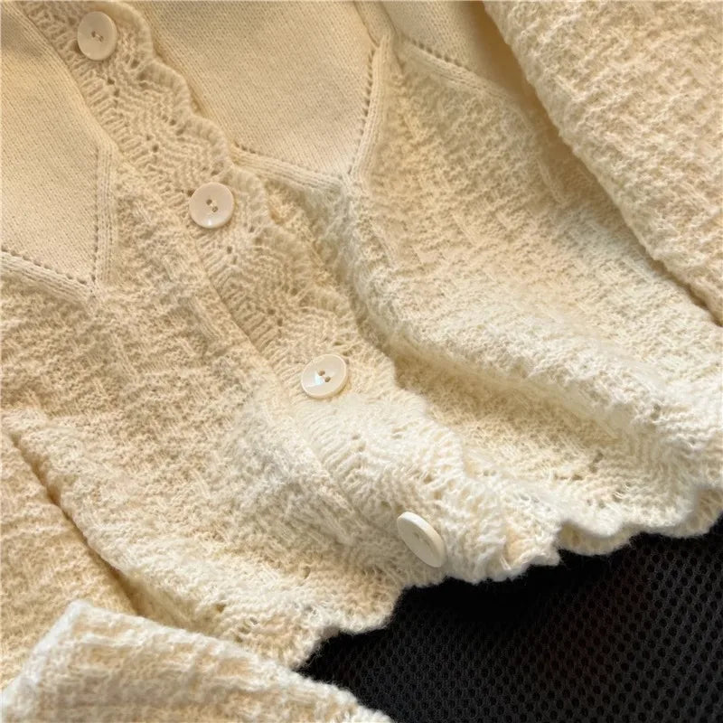 Hnewly  Korean Sweater Cardigan Women's Spring Autumn 2025 Versatile Soft Knitted Jacket Elegant Lace Single Breasted Long Sleeved Top