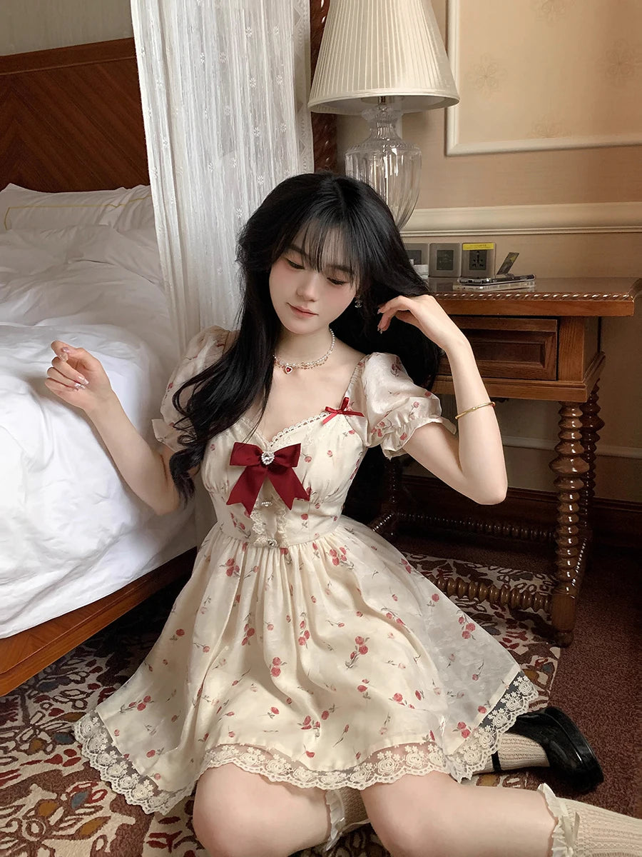 Hnewly DRESS TO IMPRESS Coquette Lace Trim Bowknot Mini Dress Women Sweetheart Puff Sleeves Ruffle Floral Princess Lolita OP Summer Clothes