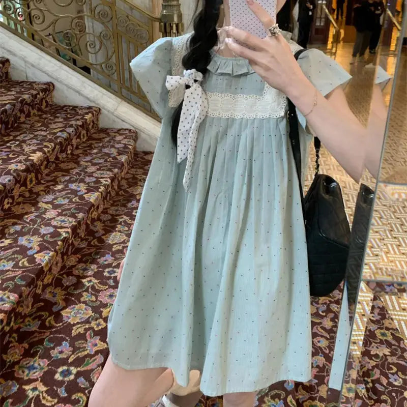 Hnewly  Woman Dress Vintage Sweet Lace Patchwork Ruffled Collar Flying Short Sleeve Sweet Fashion Mini Dresses Casual Female