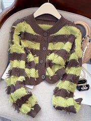 Hnewly Striped Fashion Tassel Sweater Women's Autumn Single Breasted  O-Neck New Short Knitted Cardigan Long Sleeve Top