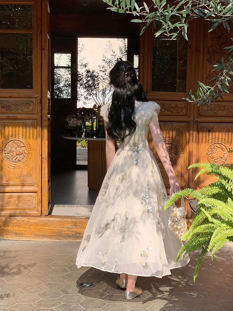 Hnewly French Vintage V-Neck Midi Dress Female Casual Even Party Clothing Summer Retro Elegant One Piece Dress Korean 2000s Y2k