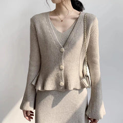 Hnewly  Flared Sleeve Cardigan for Women Ruffled Hem Rib Knit Long Sleeve V-Neck Button Up Sweater Jacket Autumn Winter Elegant Outfit