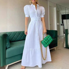 Hnewly  New Womens Summer Shirt Dress with Belt  White Green Short Sleeve Eelegant Long Dresses Clothing for Woman