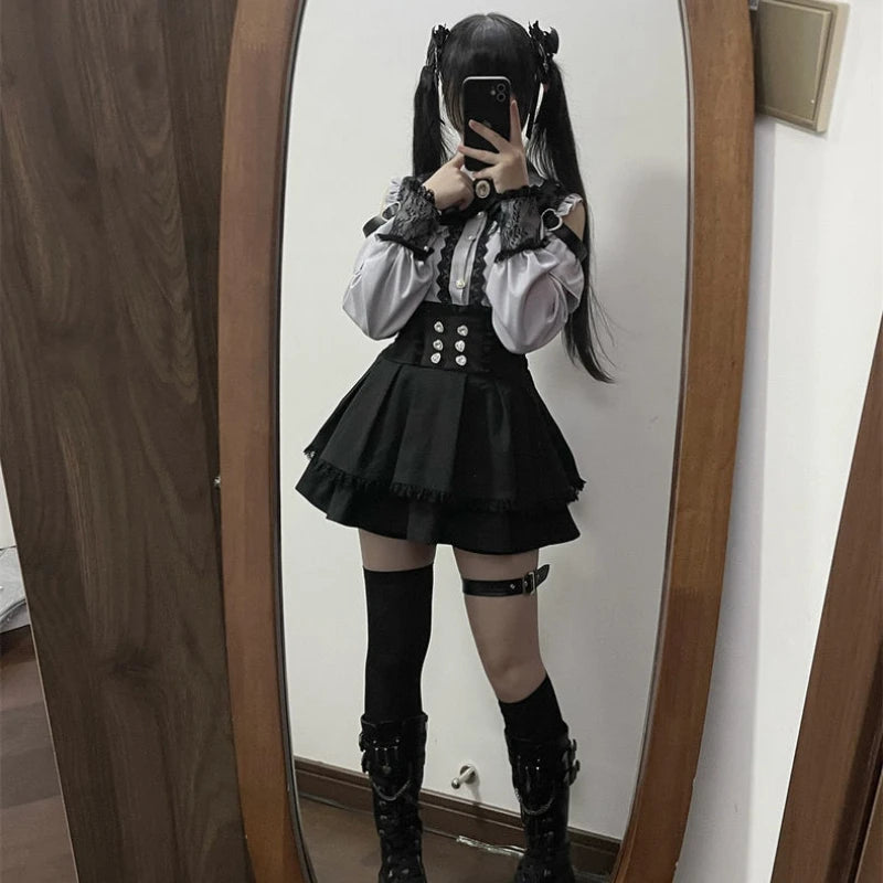 Hnewly Japanese Black Short Skirt Set Gothic Ruffle Mini Skirts Sexy Lace Off Shoulder Lolita Shirt Gown Faldas Y2k Aesthetic Suit