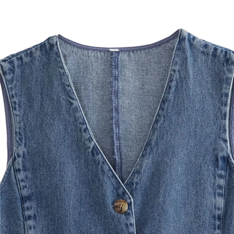 Hnewly Denim Waistcoat y2k Women Solid Color V Neck Single Breasted Sleeveless Vest Jeans Crop Top Jacket Summer Streetwear