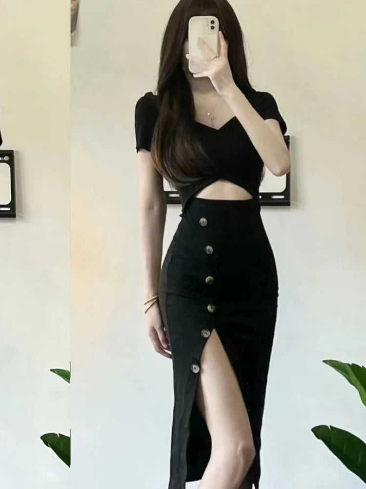 Hnewly Black Dress Women Irregular Slit Hotsweet Summer Hollow Out Elegant Bodycon Party Fashion Streetwear Daily All-match Vacation