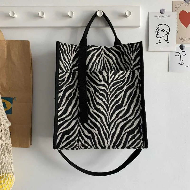 Hnewly  Woman's Handbag New Trend Large Capacity Zebra Striped Adjustable Shoulder Strap Bag Canvas Tote Fashion Shopping Bags