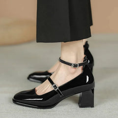 Hnewly New Women's Mary Janes Shoes High Quality Leather Shoes for Women Square Toe Shallow Buckle Strap Women's Shoes sandalias