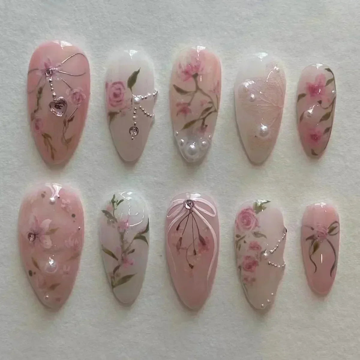 Hnewly 24Pcs Pink Almond False Nails Butterfly Ballet with French Design Wearable Fake Nails Simple Artificial Press on Nails Tips Art