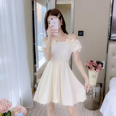 Hnewly  Women's Off Shoulder Spaghetti Strap Puff Sleeve Mini Dress White Textured Fabric Drawstring Waist Casual  the dress black dress white dress