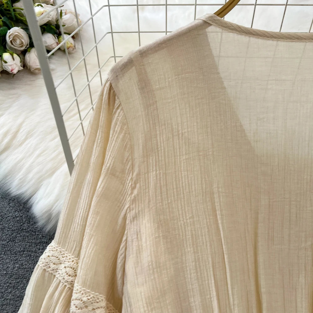 Hnewly  Tassel Patchwork V-neck Vacation Dress Sweet Lantern Sleeves Loose Mid Length A-line Dresses Elegant Embroidery Beach Vestido