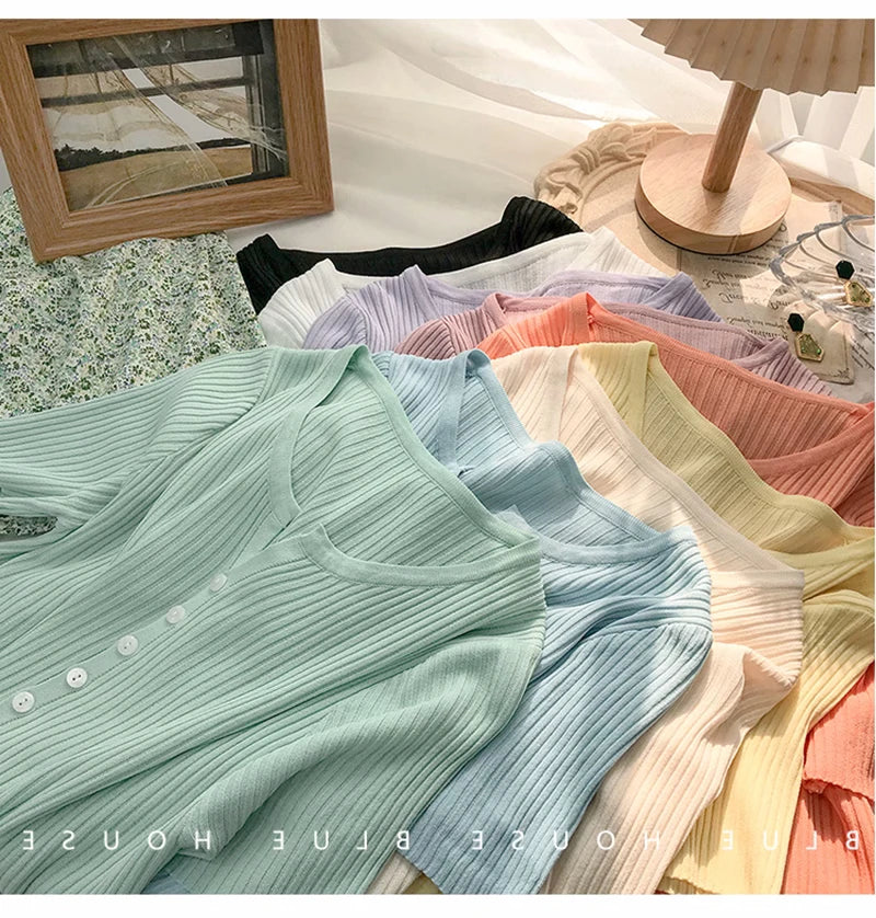 Hnewly  Knitted Short Sleeved T-shirt Sweater Women Spring  Summer 2025 Thin Loose V-neck Single Breasted Top Solid Short Cardigan Coat