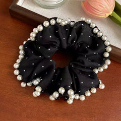 Hnewly  2PCS Polka-dot Pearl Hair Scrunchies, French Elegance Hair Ties, Atmosphere-enhancing Elastic Bands for Bun Hairstyles, New Arri