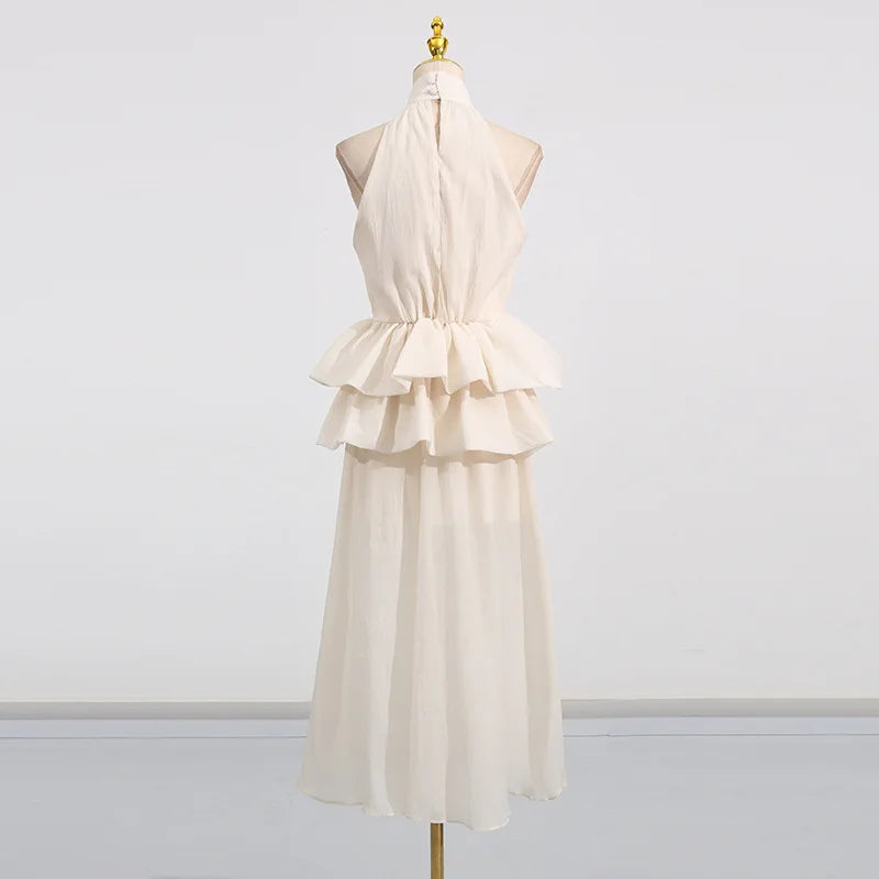 Hnewly Fashion Solid Color Dress Women's High Neck Sleeveless Waist Ruffle Hem Dresses 2025 Summer New Tide