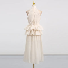 Hnewly Fashion Solid Color Dress Women's High Neck Sleeveless Waist Ruffle Hem Dresses 2025 Summer New Tide