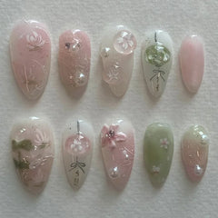 Lunivop  24pcs Summer Sweet Pink Roses Flower Medium Long Almond Nail Art Nails Set Press on Acyrlic Fake Nails Set Nail Tips with Charms