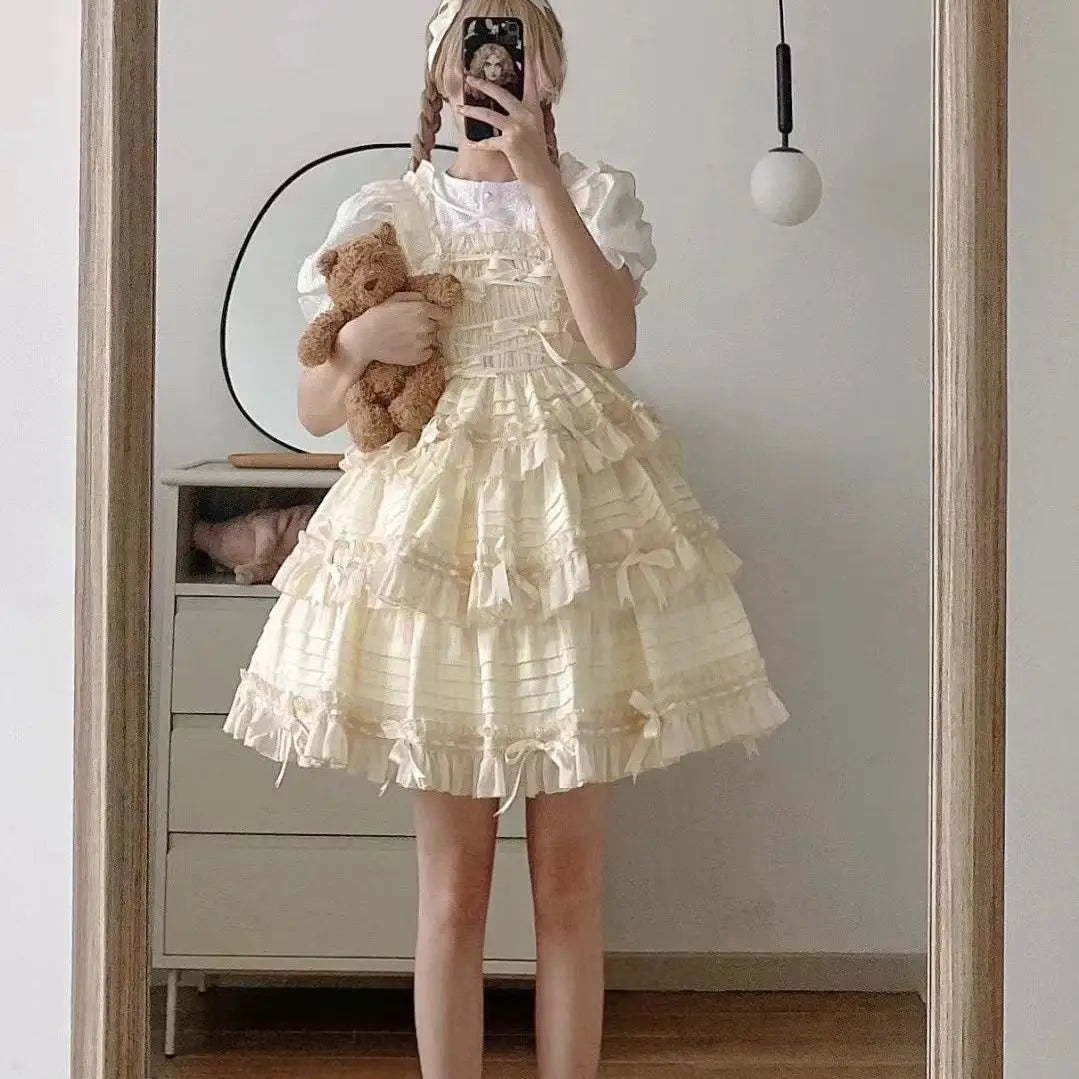 Hnewly  Japanese Sweet Lolita Short Sleeve Princess Dress Women Elegant Bow Ruffles OP Party Cake Dresses Kawaii Vestidos Para Mujer