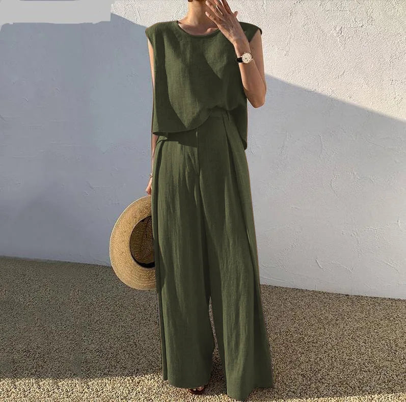 Hnewly Spring Summer Solid Color Cotton Linen Two Piece Set Women Fashion Sleeveless Tops Loose Wide Legs Pants Ladies Sets New