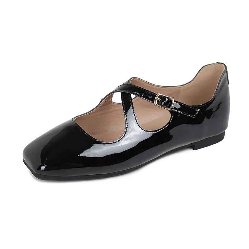 Hnewly  Red Mary Jane Flat Soes for Woman Cross Strap Buckle Flats Square Toe Shoes Ladies Ballets Bridesmaide Loafers Female Work Shoes