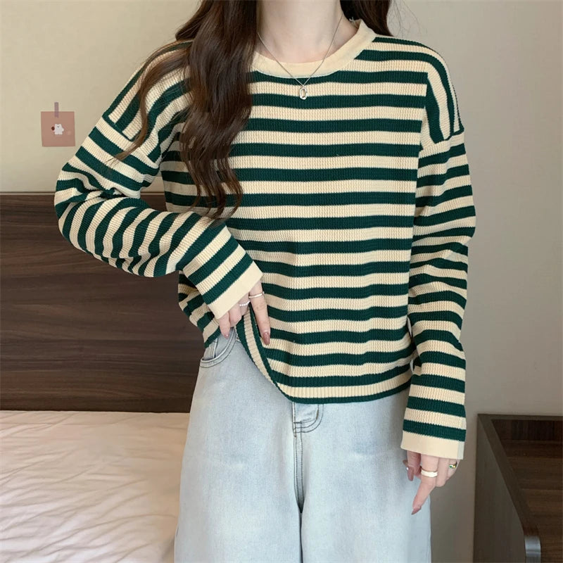 Hnewly  Women's Striped T-shirt Basic Tops Spring Autumn Fashion Color Contrast Loose O-neck Long Sleeve knitting Sweater