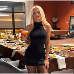 Hnewly  Sexy Halter Neck Bodycon Dress Women Slim Pleated Backless Sleeveless Dresses Female Chic Party Lady Vestidos New