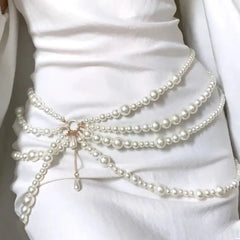 Hnewly  Retro Y2K Waist Chain Multilayer Pearl Tassel Body Accessories Character Playing Women Belt Party