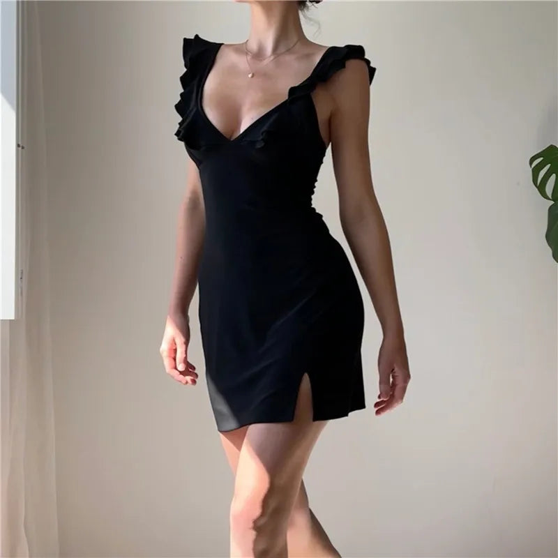 Hnewly Fashion Women Backless Sleeveless V-Neck Dress Elegant Ruffle Split Mini Summer 2024 Slim Party Clubwear Sexy Vestidos