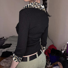 Hnewly y2k Tops Women Fairycore Clothes Sexy Leopard Print Lapel Collar Long Sleeve T Shirts 2000s Grunge Clothing Streetwear