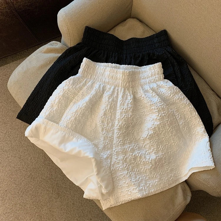 Hnewly  Black White Jacquard Shorts Women 2025 Summer Elastic High Waist Pockets Wide Leg Shorts Woman Loose Streetwear Half Pants