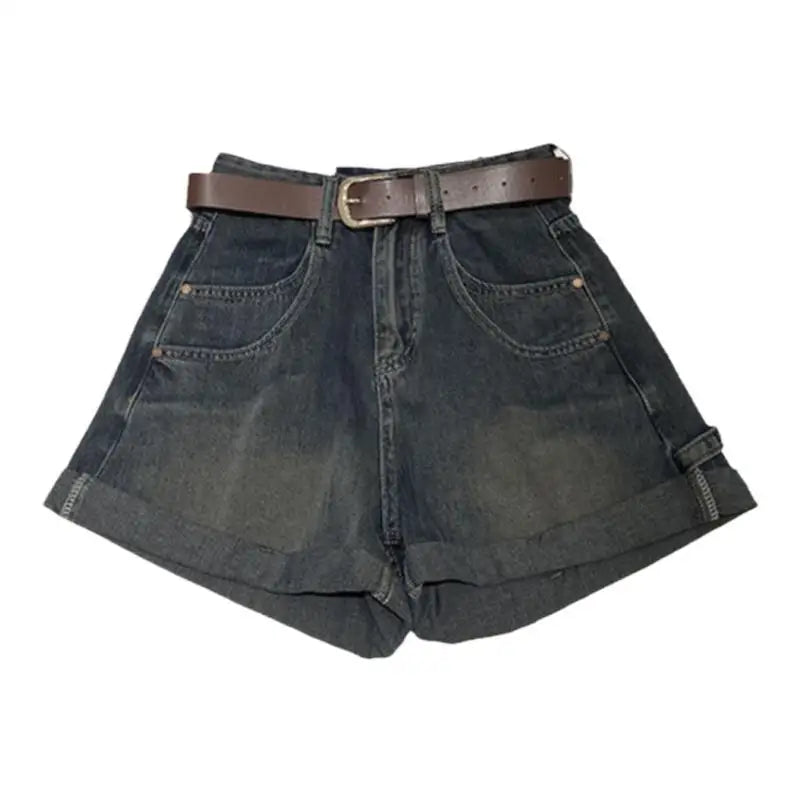 Hnewly  New Retro Rolled Denim Shorts 2025 Women's High Waisted Loose Straight Leg A-line Wide Leg Pants Chic Pocket Hot Jean Pants