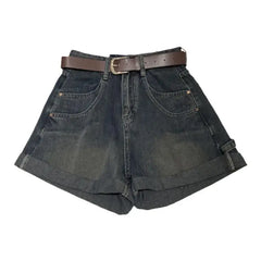 Hnewly  New Retro Rolled Denim Shorts 2025 Women's High Waisted Loose Straight Leg A-line Wide Leg Pants Chic Pocket Hot Jean Pants