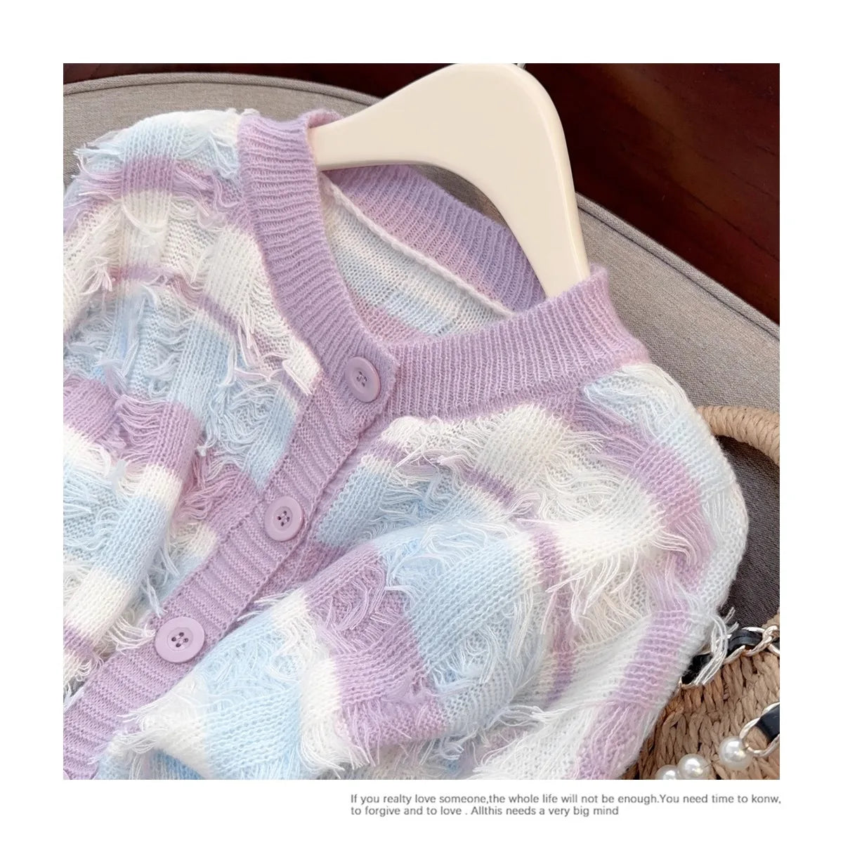 Hnewly Striped Fashion Tassel Sweater Women's Autumn Single Breasted  O-Neck New Short Knitted Cardigan Long Sleeve Top