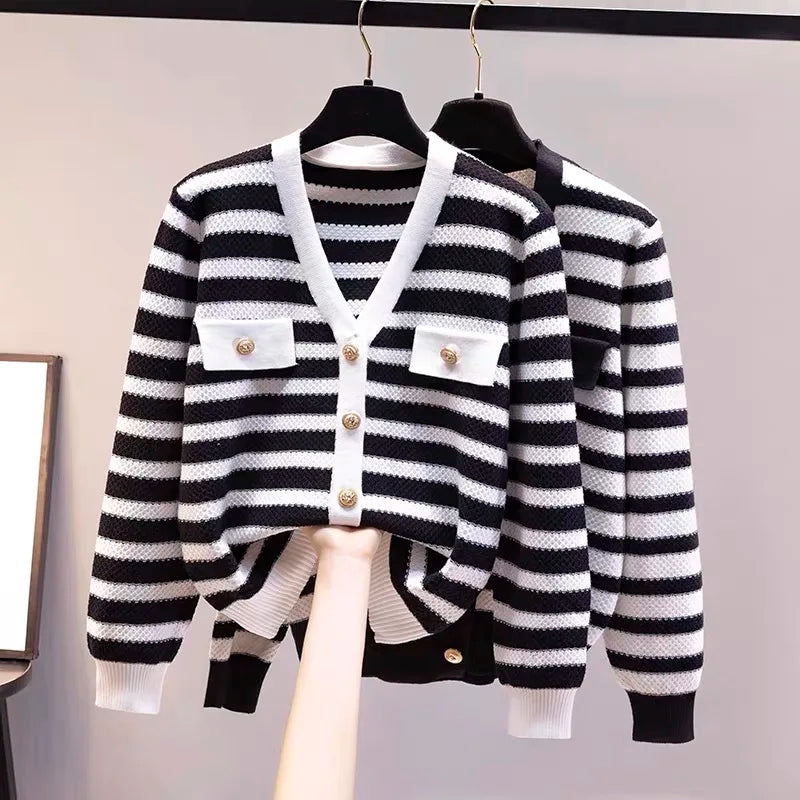 Hnewly  Elegant Striped Knit Cardigan Sweater Spring Autumn New V-neck Long Sleeved Jacket Women's Fashion Gold Button Coat Top