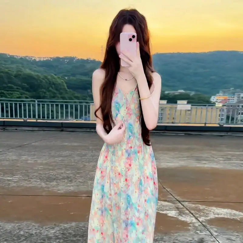 Hnewly  New Pink V-Neck Floral Print Halter Dress Women's Summer Vacation Style Long Dress Tea Break Sweet High Waist A-Line Skirt