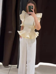 Hnewly  Elegant Wave Knitted Women's Vest Fashion O-Neck Sleeveless Waist-Closed Tank Tops Summer Chic Solid Female Streetwear