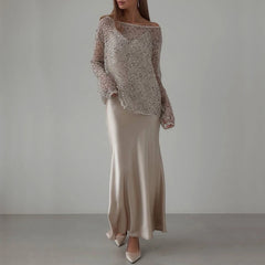 Hnewly  Women's Sequined Perspective Slanted Collar Sparkly Cover-up Leisure Tops Elegant Sexy Hollow Off-shoulder Loose Pullovers