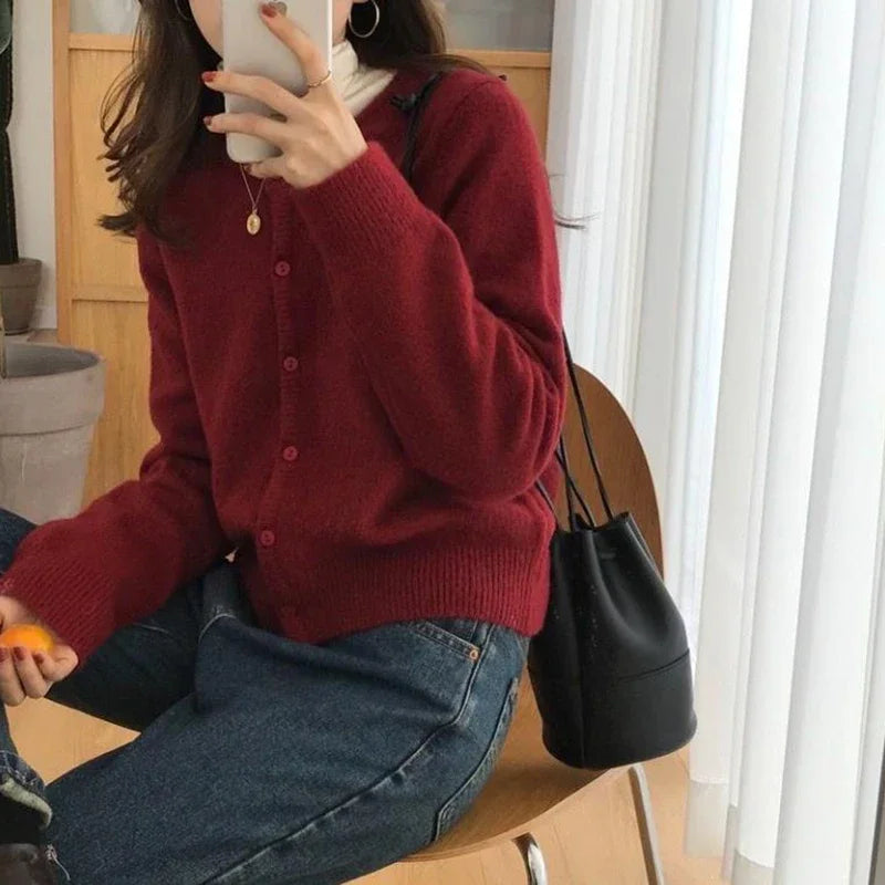 Hnewly Cold Weather Outfits Fall Solid Color Knitted Cardigan Women Korean Single Breasted Long Sleeve Jumper Woman Round Neck All Match Sweater Outwear Top