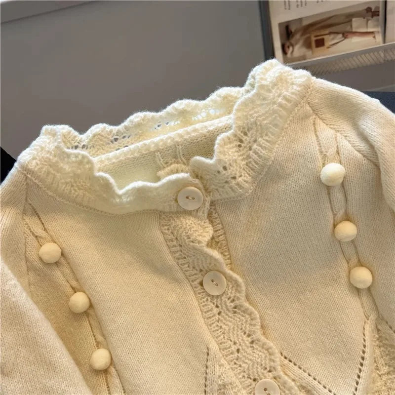 Hnewly  Korean Sweater Cardigan Women's Spring Autumn 2025 Versatile Soft Knitted Jacket Elegant Lace Single Breasted Long Sleeved Top