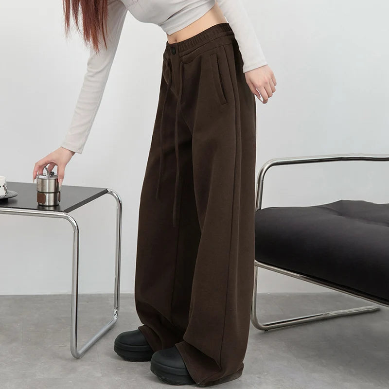 Hnewly  Korean Fashion Wide Leg Trousers Women Chic Drawstring High Waist Baggy Pants Woman Streetwear Loose Warm Sport Pants Female