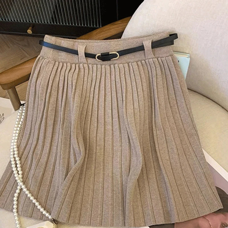Hnewly  Korean High Waisted Mini Skirts Woman Summer Solid A-Line Knitting Skirts Women Pleated Mini Harajuku Ladies Short Dress