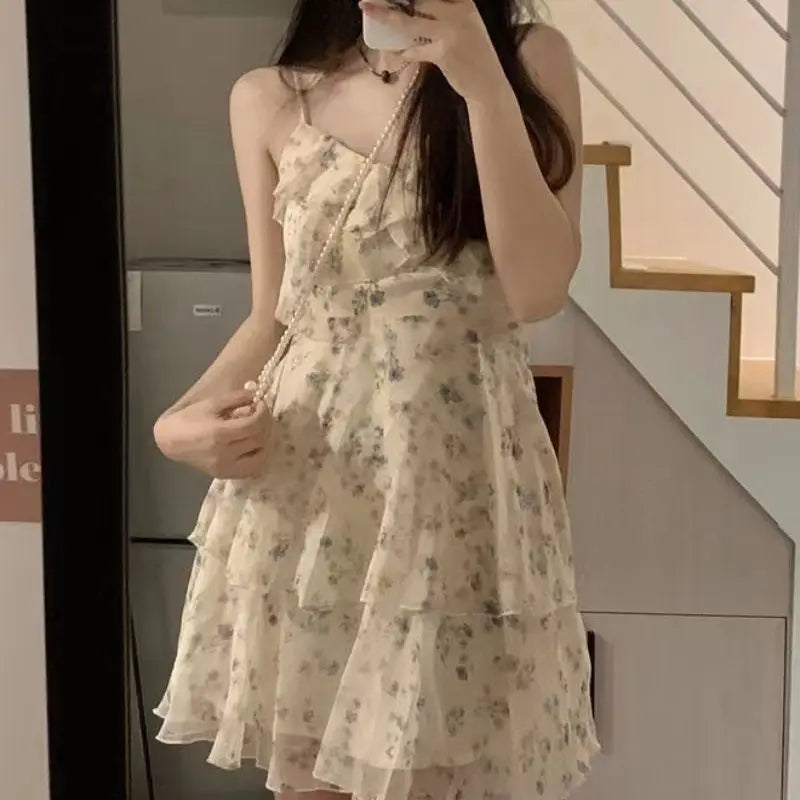Hnewly  College Style Floral Suspender Dress Summer New Style Slim Women Skirt