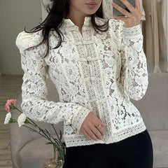 Hnewly  Ladies Stand Collar Jacquard Date Top Spring Autumn Long Sleeves Lace Embroidery Blouses Sexy Bodycon Perspective Design Shirts