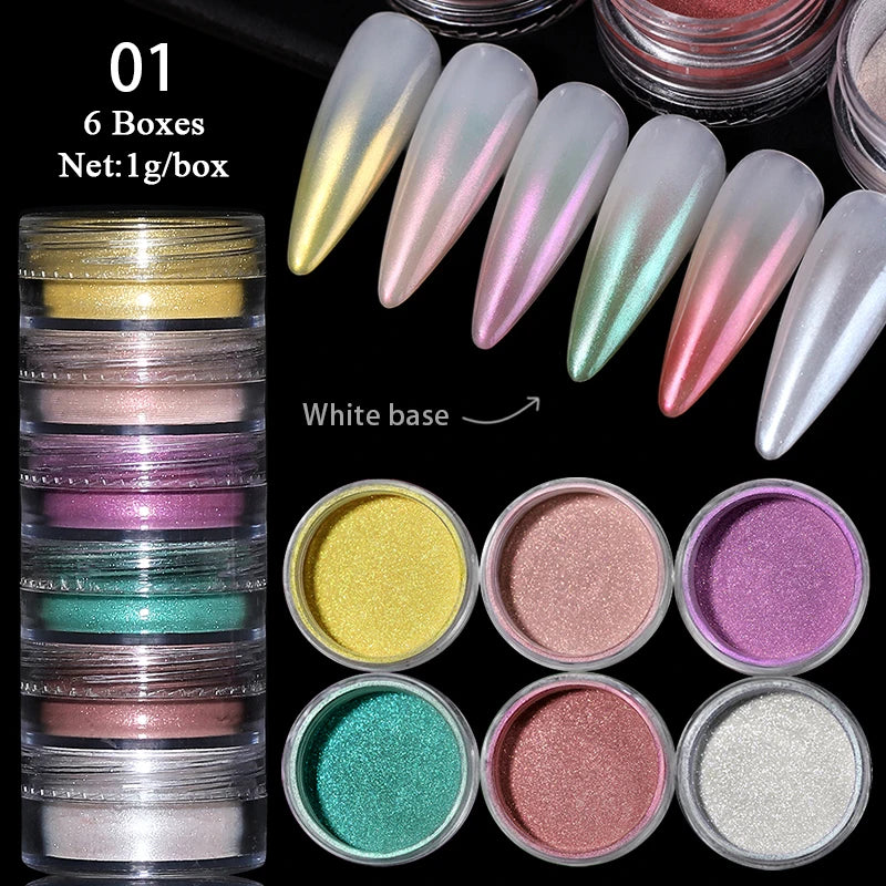 Hnewly 6Box/set Glitter Mirror Dust Nail Powder Chameleon Aurora Metallic Effect Pigments Laser For UV Gel Nail DIY Manicure Decoration