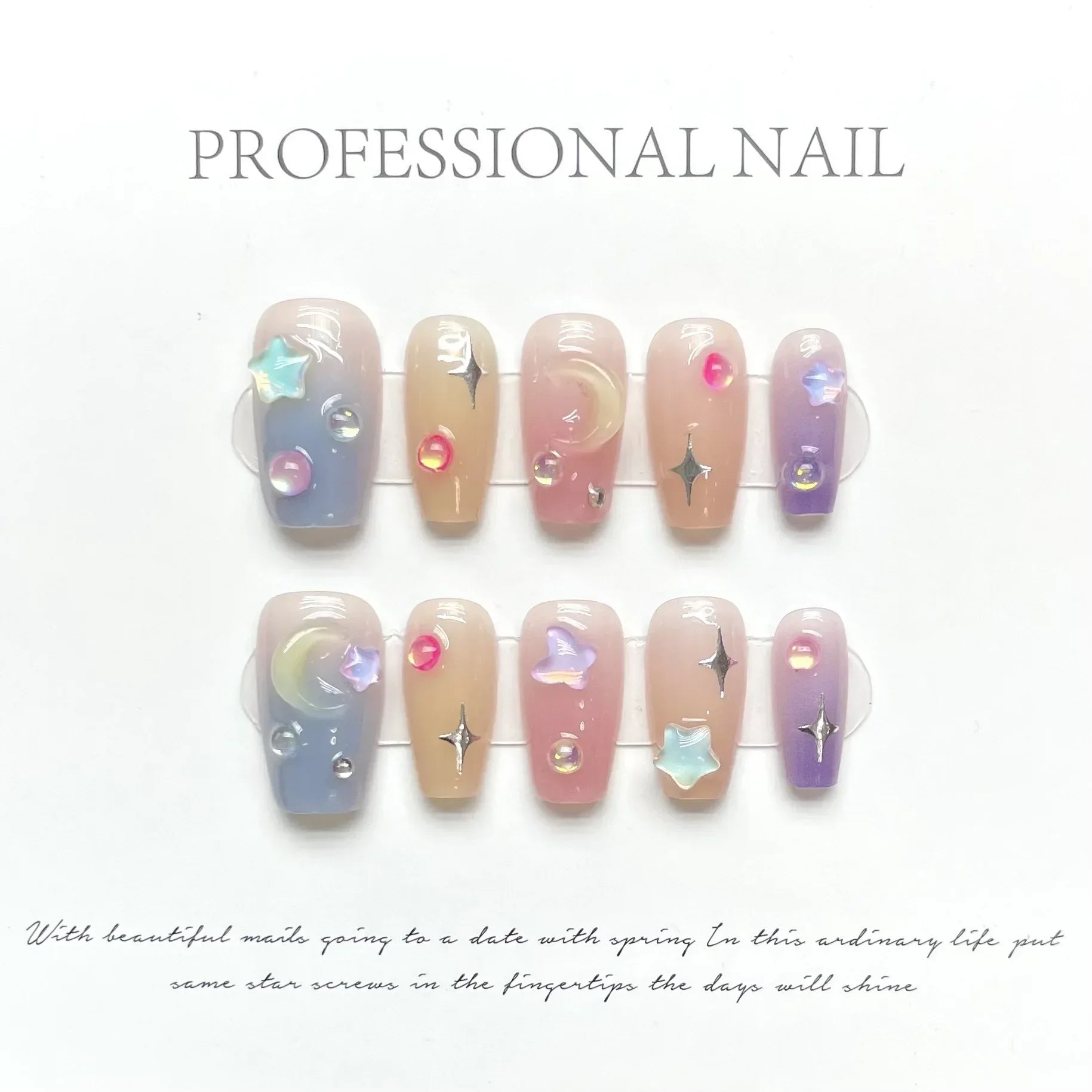Hnewly 10Pcs Handmade Press on Nails Long Ballet Blue Fake Nails with 3D Ocean Moon Rhinestone Design False Nails Full Cover Nail Tips